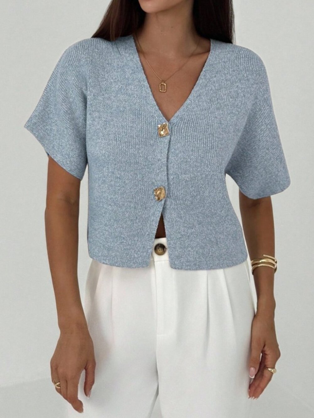Sky Blue Ribbed Knit Cardigan with Sculptural Gold Buttons